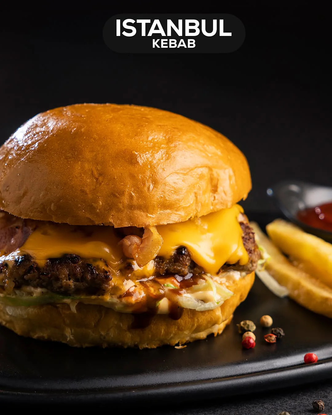 Istanbul Kebab in Wishaw Juicy gourmet cheeseburger with melted cheese on a brioche bun.